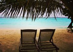 two lawn chairs sitting on top of a sandy beach under a palm leaf covered tree