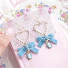 Rococo Light Blue Bow Cameo Lady head pendant Gold Heart Earrings (Dangle / Clip On), Cute Kawaii Victorian Style Jewelry ♡ bow width approc 3.3cm Blue Bow Earrings, Light Blue And Gold Jewelry, Kawaii Dangle Jewelry For Valentine's Day, Handmade Blue Kawaii Jewelry, Valentine's Day Kawaii Dangle Jewelry, Valentine's Day Blue Heart Earrings, Blue Heart Earrings For Party, Blue Heart Earrings For Gift, Handmade Harajuku Jewelry