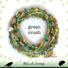 This golden and green wrap bracelet is made of seed glass beads, metal beads, pearls and aurora borealis beads. Boho chic jewelry you can wear on several occasions. You can also wear this stacking bracelet as a necklace.  #wrapbracelet #bohobracelet #armcandy #beadedbracelets #beadedjewelry Wrap Armband, Bohemian Wrap, Faux Leather Bracelets, Boho Chique, Green Beaded Bracelets, Multiple Bracelets, Green Wrap, Boho Chic Jewelry, Waist Beads