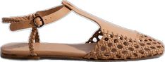 Luxury T-strap Sandals For Summer, Luxury T-strap Sandals For Beach, Summer Woven Leather T-strap Sandals, Chic T-strap Sandals With Leather Sole For Beach, Luxury T-strap Beach Sandals, Elegant Flat Sandals With Woven Sole, Elegant Flat Heel Sandals With Woven Sole, Elegant Woven Leather Sandals For Beach, Designer Woven Leather Sandals For Spring