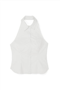 Sleeveless Shirt Top Fitted Backless Summer Blouse, Summer Backless Blouse, Chic Sleeveless Top With Back Button Closure, Elegant Sleeveless Top With Back Button Closure, Fitted Halter Neck Top For Summer, Spring Sleeveless Tops With Back Button Closure, Sleeveless Tops With Back Button Closure For Spring, White Fitted Halter Neck Top, Fitted Halter Neck Blouse