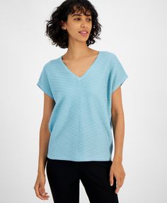 in stock Light Blue Knit V-neck Top, Light Blue Textured Knit Top, Blue Textured Knit Short Sleeve Top, Light Blue Textured Knit Tops For Spring, Chic Blue Short Sleeve Knit Top, Blue Textured Knit Top For Spring, Cap Sleeve Sweater, Sweater Sleeves, Blue Sweaters