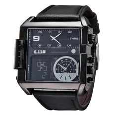 This eye catching OULM men's watch comes in an attractive hue that gives vogue to the overall product. The rectangular watch case is different from what most other watches feature, which makes this piece stand out right away. The watch is made from stainless steel and premium leather, so you can expect it to last a long time. Some of the top features you can expect include LED display, multiple time zones, stop watch and water resistance. It's a unique product that'll enhance your look and lifes Black Rectangular Watch Accessory With Metal Dial, Black Automatic Rectangular Watch, Black Rectangular Automatic Watch, Black Rectangular Analog Watch, Rectangular Analog Watches For Everyday Use, Rectangular Quartz Watches For Everyday Use, Rectangular Black Watch With Subdials, Rectangular Watches With Subdials For Everyday Use, Stainless Steel Watch Accessories With Rectangular Analog Display