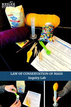 the law of conservation of mass is shown in three different pictures, including an egg and spoon