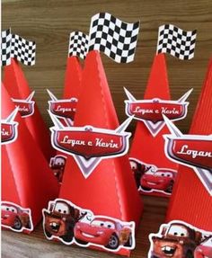 the cars birthday party hats are ready to be thrown into the car race with their name on them