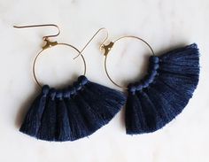 Navy Blue Tassel Earrings, Gold Dangle Earrings, Hoops with Tassels, Big Tassel Earrings, Long Earrings, Hoop earrings, Under 25, Long, Gift Brass hoops hold a bold tassel fringe. Packs a real pop of color.  Ear wires are nickel free brass sourced in the U.S.  Also available in lots of colors! Simply use the drop down to the right to make your choice.   Be sure to swipe through all images.  Remember to  ❤️ Heather Berry Jewelry to easily return later and receive update info in your Etsy feed. Berry Jewelry, Blue Tassel Earrings, Crescent Earrings, Earrings Hoops, Brass Hoops, Blue Tassel, Earrings Large, Earrings Hoop, Earrings Long