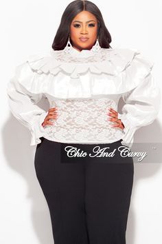 Polyester% 90 Spandex% 10 Formal Lace Blouse With Ruffles, White Blouses, Formal White Ruffled Shirt, White Long Sleeve Lace Top With Ruffles, White Puffy Blouse Ruffle, Lacey Blouse, White Victorian Blouse With Ruffles, Chic And Curvy, Lace Ruffle