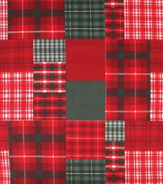 a red and black plaid fabric with grey squares on the bottom, and gray patches in the middle