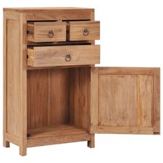 a wooden cabinet with two drawers on one side and an open drawer on the other