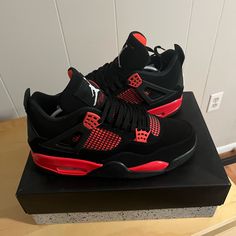 Brand New With Box And Tree Trunks And Size 10 Red High-top Air Jordan 4 With Branded Insole, Red High-top Air Jordan 4 With Cushioned Footbed, Red High-top Air Jordan 4, Red Air Jordan 4 Cushioned For Sports, Red Air Jordan 4 With Red Sole For Sports, Red Air Jordan 4 With Air Max Cushioning, Red Air Jordan 4 Lace-up Sports Shoes, Red Air Jordan 4 With Cushioned Footbed For Sports, Red Lace-up Air Jordan 4 Sports Shoes