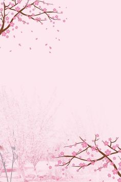 a pink background with trees and flowers in the foreground