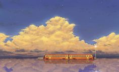 a painting of two train cars sitting on top of a body of water under a cloudy sky