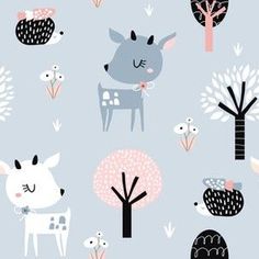 a pattern with animals and trees on a blue background for children's wallpaper