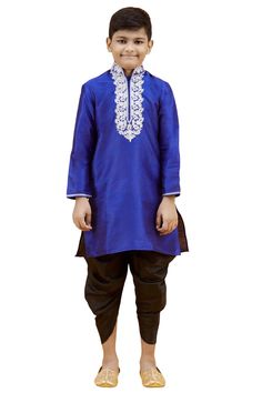 Product Features: Top Color: Blue Bottom Color: Black Top Fabric: Silk Bottom Fabric: Silk Pattern And Print: Embroidery Work: Solid And Neck Embroidered Sleeve Type: Full Sleeve Neckline Type: Chinese Collar Closure Type: Button Wash Care: Dry Clean Occasion: Festival Package Contain 1 Top And 1 Bottom Product Type Boys Kurta Pyjama Set Disclaimer: There Will Be Slight Difference In Digital To Actual Image Festive Traditional Kurta With Embroidered Hem, Blue Floral Embroidered Kurta For Diwali, Festive Eid Kurta With Embroidered Hem, Blue Floral Embroidery Kurta For Diwali, Traditional Blue Kurta With Floral Embroidery, Traditional Festive Sets With Embroidered Hem, Cotton Sets With Tonal Embroidery And Long Sleeves, Blue Cotton Sets With Floral Embroidery, Blue Floral Embroidered Cotton Sets