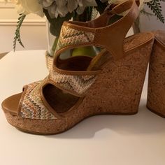 Cognac Leather Wedge Sandal With Eye Catching Accent Stitching To Add Beautiful Color To The Sandal. Will Match Any Outfit. Cork Wedge Approx 5” With Platform Style. New, Never Worn. Black Wedge Booties, Cream Sandals, Lace Wedges, Tan Wedges, Cork Wedges Sandals, Strappy Wedges, Black Wedge Sandals, Shoes Heels Wedges, Peep Toe Sandals