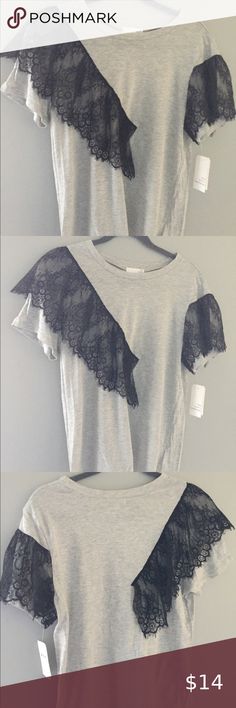 NWT Grey T-shirt with black lace Ten Sixty Sherman NWT Size large grey T-shirt with black lace detail on front and back. Ten Sixty Sherman Tops Tees - Short Sleeve Black Crew Neck Top With Lace Trim, Black Cotton Tops With Lace Trim, Grey T Shirt, Gray Tshirt, Top Tee, Lace Detail, Black Lace, Black Gray, Throw Blanket