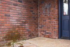 a blue door is in front of a brick building