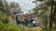 the ocean is surrounded by trees and cliffs