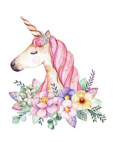 a watercolor painting of a unicorn with flowers on it's head, transparent background