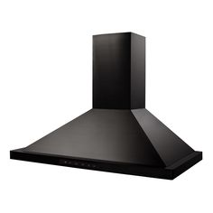 a black stove top oven sitting on top of a white wall with the hood up