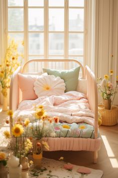 a bed with flowers on the floor in front of a window