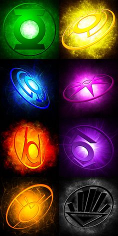 six different colored lights that are in the shape of planets and their respective logos on black background