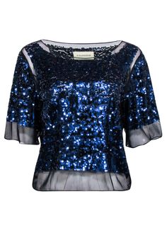 Current Boutique-By Malene Birger - Black Mesh Top w/ Navy Blue Sequins Sz XS Stretch Tops With Contrast Sequin For Night Out, Evening Stretch Glitter Tops, Party Mesh Top With Sequins And Stretch, Party Mesh Top With Sequins And Stretch Fit, Sequined Stretch Mesh Top For Party, Stretch Mesh Top With Sequins For Party, Fitted Sequin Mesh Top For Summer, Sequined Mesh Top For Night Out, Spring Evening Mesh Top With Sequins