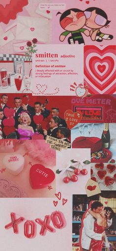 the collage shows many different pictures and words in pink, red, and white