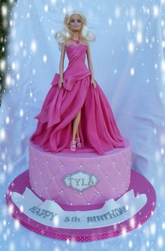 a barbie doll cake with pink dress and tiara