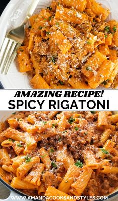 two pictures with the words amazing recipe spicy rigatoni on top and in the bottom