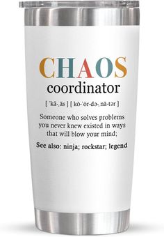 a stainless steel travel mug with the words chaos coordinates written on it, and an image of