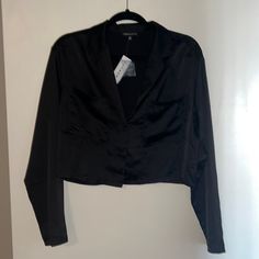 Kendall And Kylie Black Satin Blazer Semi Crop Top Black Cropped Top For Formal Occasions, Black Long Sleeve Crop Top For Date Night, Semi Crop Top, Cutout Blouse, Bell Sleeve Shirt, Tie Dye Denim, Satin Blazer, Cold Shoulder Long Sleeve, Boho Shirts