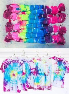 tie - dyed shirts are hanging on the wall and in front of them is an image of