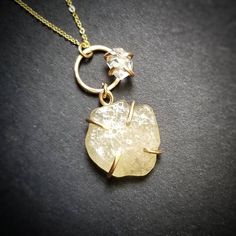 "Genuine uncut & natural Libyan desert glass is set in handcrafted 14k gold fill prong setting and is accented by a sparkling natural Herkimer diamond. This impact glass is part of the tektite family and is believed to have been formed when a meteor impacted with the ancient western Egyptian deserts, eastern Sahara & Libya. This stone was carved into a beetle and centered in a breast plate, found in King Tut's burial chamber, and has been adorned for thousands of years. ~LDG in cover pho Unique Recycled Gold Gemstone Jewelry, Untreated Recycled Gold Jewelry As A Gift, Untreated Recycled Gold Jewelry Gift, Recycled Gold Untreated Jewelry As A Gift, Gold Herkimer Diamond Necklace As A Gift, Gold Necklaces With Herkimer Diamond For Gift, Delicate Gold Citrine Jewelry, Unique Untreated 14k Gold Jewelry, Gold Quartz Jewelry With Raw Stone