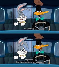 cartoon rabbit driving a car with another bunny in the passenger seat behind him, and an angry