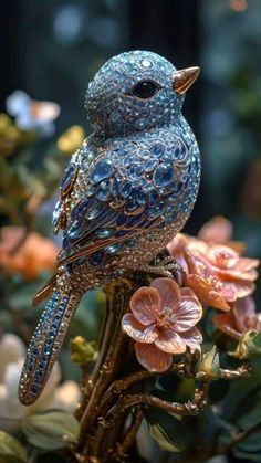 a blue bird sitting on top of a branch with flowers in front of it's face