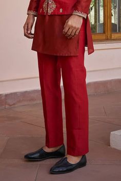 Red bundi with marodi, dori and zardosi embroidery. Paired with an embroidered kurta and pant. - Aza Fashions Isha Gupta, Dori Work, Zardosi Embroidery, Kurta Set For Men, Nehru Jackets, Band Collar, Kurta Set, Pants Pattern, Embroidered Silk