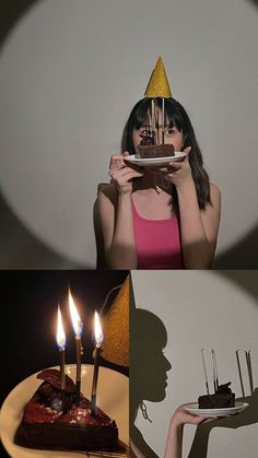 a woman holding a plate with cake on it and candles in front of her face