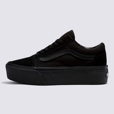 Bringing New Heights to Our Iconic Sidestripe ShoeNothing screams attitude like a killer pair of black platform shoes. The Vans Old Skool Stackform is the height of cool on the platform front, with double the sidewall height for maximum coverage. The suede and canvas uppers ensure durability, while the lace-up closure and supportive padded collars add layers of comfort on the practical side. These black platform shoes are all about the look, a cool-as-cool aesthetic that remains undefeated after Black Womens Sneakers, Vans Stackform Outfits, All Black Shoes Women, Black Platform Shoes Outfit, Black Sneakers Aesthetic, All Black Tennis Shoes, Vans Platform Slip On, Platform Vans Outfit, Black Platform Vans