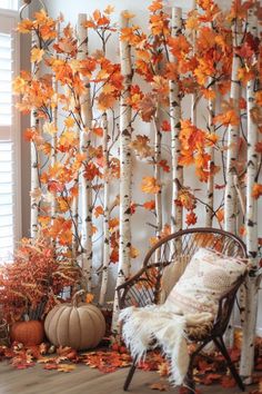 a chair sitting in front of a wall covered with trees and pumpkins on the ground