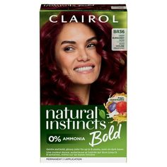 Shine brighter with bold red hair color with Clairol Natural Instincts Bold Permanent Hair Color Kit in BR36 Deep Burgundy Acai. This affordable at-home hair color kit provides up to 8 weeks worth of vivid permanent burgundy hair dye that gently provides glossy, bold coloreven on dark hair color. Intensely pigmented, the permanent red hair dye for dark hair works on many shades. Clairols most gentle permanent hair coloring kit yet, this dermatologically-tested ammonia free hair dye kit has nourishing ingredients like acai extract, guarana extract and argan oil, is safe for textured hair and will give you striking, glossy permanent burgundy hair color that lasts. The included Moisture Shine moisturizing hair mask conditions and protects hair between colorings for softer, shinier hair. Wheth Cinnamon Hair Dye, Permanent Red Hair Dye, Dark Red Hair Dye, Burgundy Hair Dye, Clairol Hair, Dark Hair Dye, Clairol Natural, Clairol Natural Instincts, Moisturizing Hair Mask