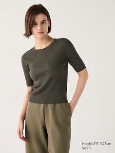 Merino Ribbed Crew Neck Half Sleeve Sweater | UNIQLO US Half Sleeve Sweater, Styling Ideas, Helmut Lang, Ribbed Sweater, Casual Elegance, Sweater Sleeves, Half Sleeve, Uniqlo, Colorful Sweaters