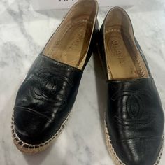 Chanel Espadrilles In Black Leather Size 40 In Overall Good Condition Espadrilles Black, Chanel Espadrilles, Shoes Chanel, Black Espadrilles, Chanel Black, Espadrille Shoes, Chanel Shoes, Espadrilles, Overalls