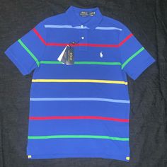 Primary Colored Striped Quality Cotton Polo By Ralph Lauren. Size Is Small, Nwt. Blue Fitted Polo Shirt For Summer, Blue Casual Polo Shirt For Summer, Blue Cotton Polo Collar Shirt, Blue Collared Polo Shirt For Spring, Blue Cotton Polo Shirt, Blue Fitted Cotton Polo Shirt, Blue Cotton Fitted Polo Shirt, Fitted Blue Cotton Polo Shirt, Fitted Blue Polo Shirt For Spring