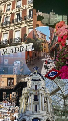 a collage of buildings and flowers in the foreground is an image of madrid