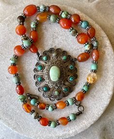 Beautiful old Chinese Silver Filigree Turquoise Carnelian Vintage Necklace Orange Bohemian Jewelry With Cabochon, Bohemian Orange Cabochon Jewelry, Handmade Vintage Round Turquoise Necklace, Vintage Turquoise Necklace With Natural Stones As Gift, Vintage Turquoise Necklace With Natural Stones For Gift, Bohemian Oval Turquoise Necklace With Natural Stones, Handmade Bohemian Chrysoprase Turquoise Necklace, Handmade Bohemian Turquoise Chrysoprase Necklace, Vintage Turquoise Pendant Necklace With Natural Stones