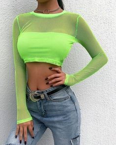 Neon Green Mesh Top - #fashion #tops #streetwear           Pinterest: @k8dumas Spring Long Sleeve Club Crop Top, Trendy Lime Green Summer Tops, Green Long Sleeve Crop Top For Night Out, Green Stretch Top For Club, Fitted Green Crop Top For Spring, Spring Stretch Lime Green Top, Green Long Sleeve Top For Club, Green Stretch Trendy Tops, Fitted Lime Green Casual Top