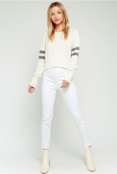 Spend the weekend in the Polly White Striped Crew Neck Sweater! Super soft angora blend off-white knit, accented with grey stripes, shapes a crew neckline, and long sleeves. Cropped bodice gives you that perfect, cozy fit. White Casual Cropped Sweater For Layering, Trendy White Cropped Sweater With Ribbed Cuffs, Trendy Cropped Sweater With Ribbed Cuffs For Fall, Fitted Cropped Sweater With Ribbed Cuffs And Crew Neck, Trendy White Cropped Sweater For Fall, White Crew Neck Cropped Sweater For Fall, Trendy Cropped Sweater For Fall Layering, Trendy Stretch Cropped Sweater For Fall, Stretch Cotton Cropped Sweater For Fall