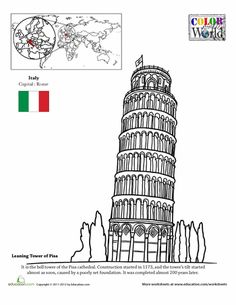 the leaning tower of pisa is shown in black and white, with an italian flag