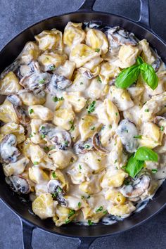 a skillet filled with pasta and mushrooms covered in cream sauce, garnished with fresh green leaves